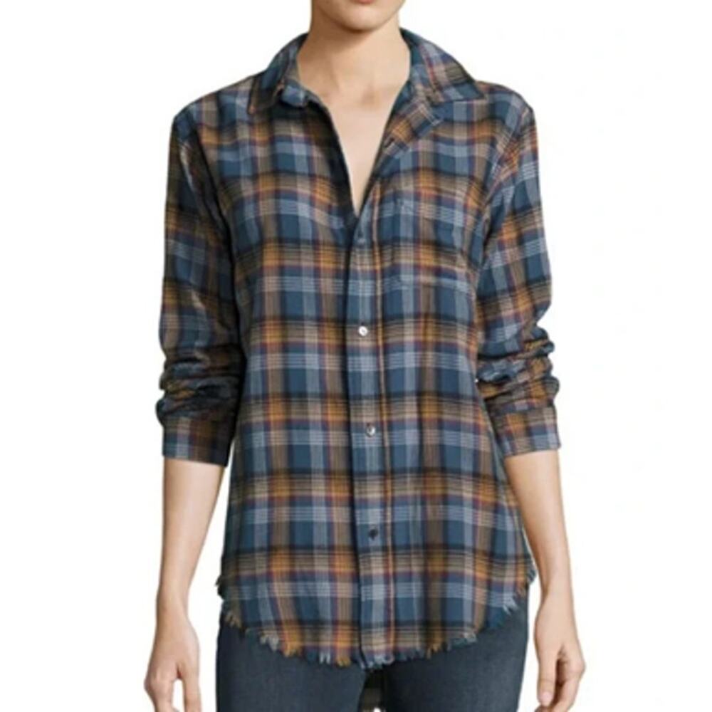 Current/Elliott The Prep School Voyager Teal Yellow Plaid Fringe Shirt 2 Medium